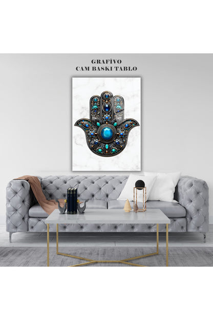 Nazar Koruyucu Hamsa El Motifli Cam Tablo – Ev ve Ofis İçin Anlamlı Dekoratif Hediye