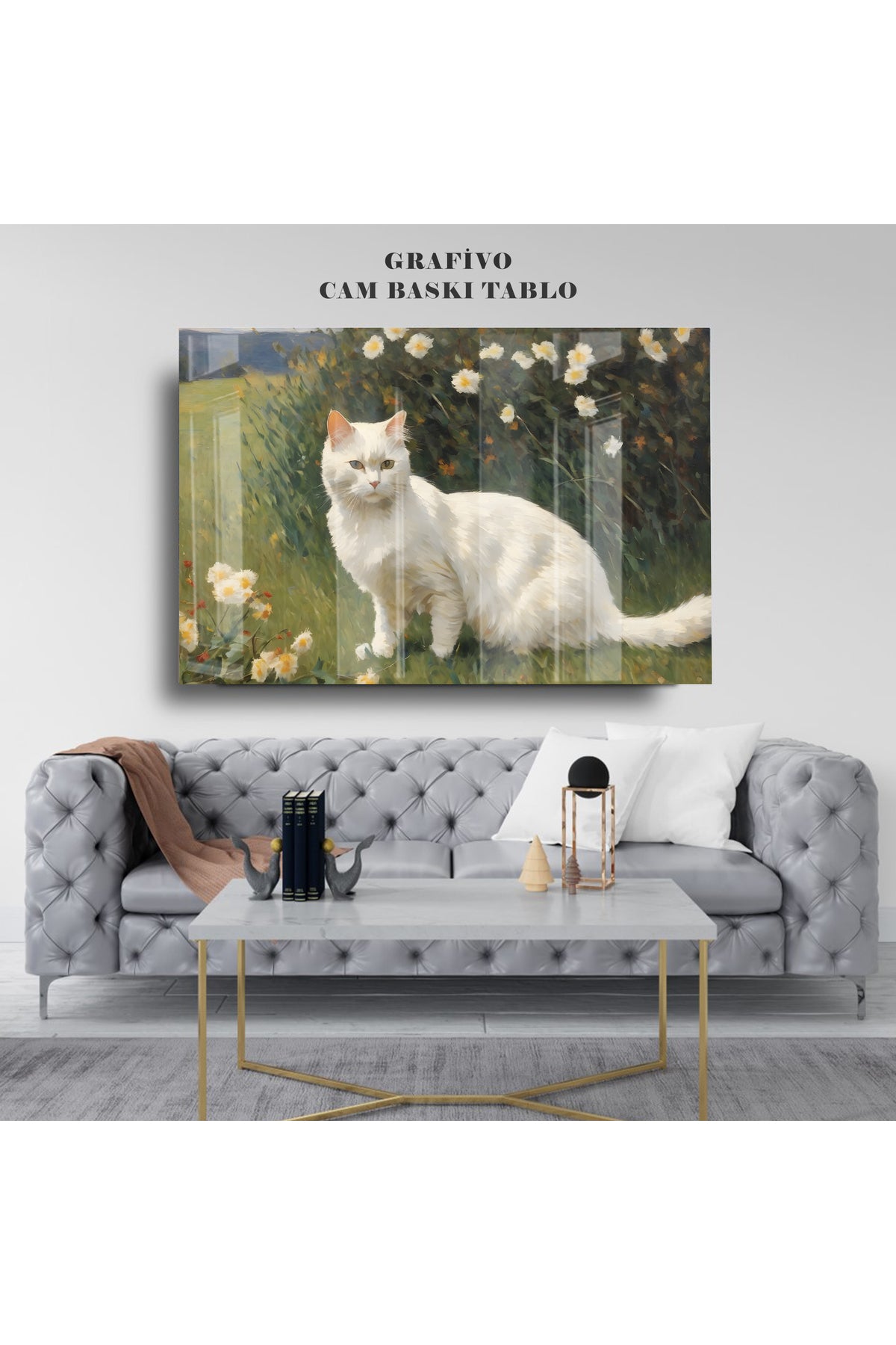 Dekoratif Cam Tablo – Çiçek Bahçesinde Beyaz Kedi Tasarımı