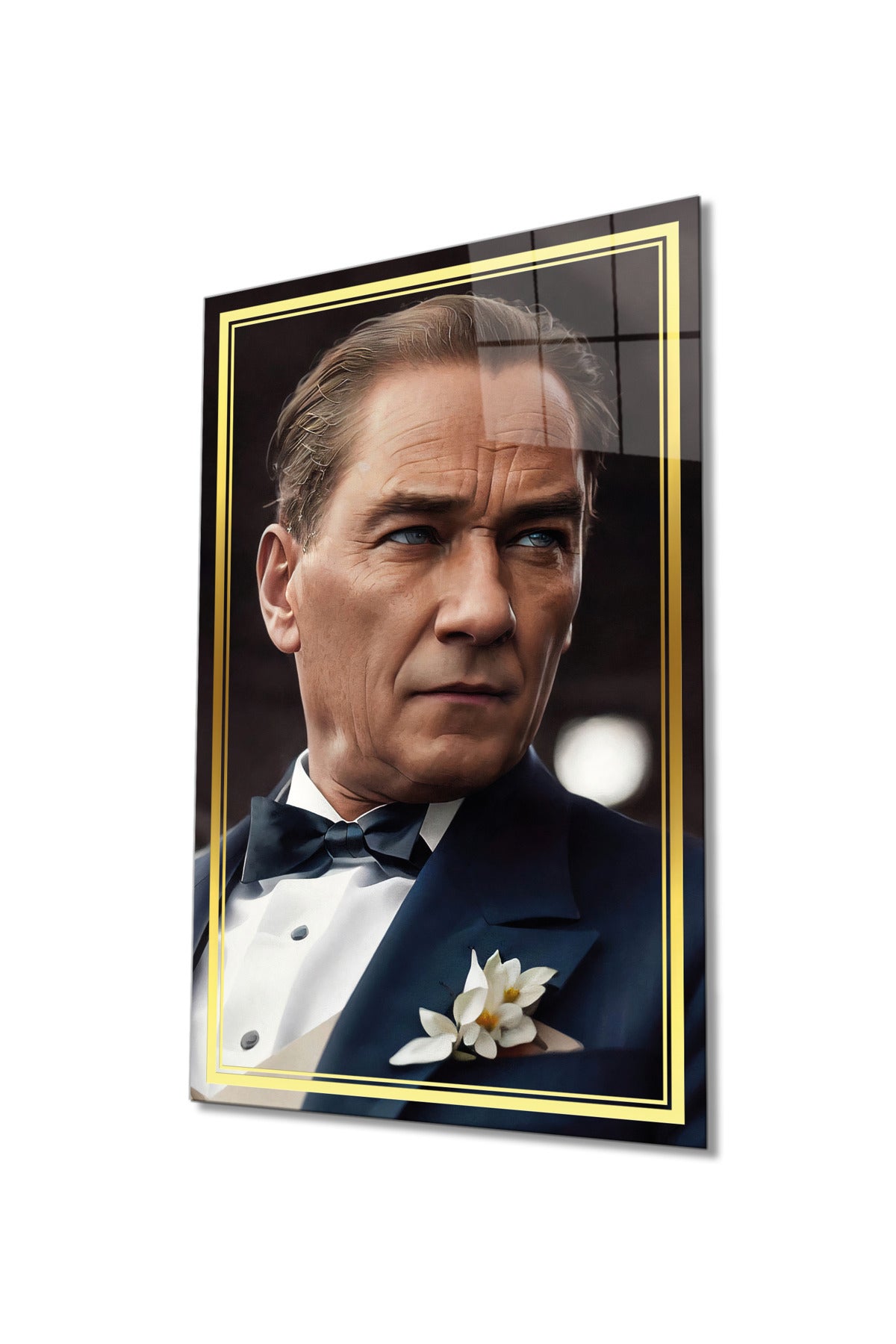 Gold Şeritli Yapay Zeka Atatürk Portresi Cam Tablo, Mustafa Kemal, Ev Ofis Okul Duvar Dekor Temperli