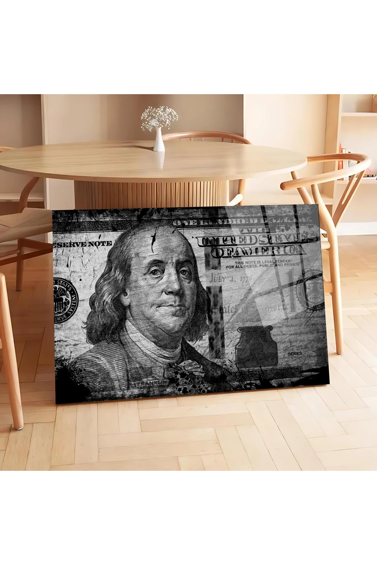 100 Dolar Detaylı Sanatsal Cam Tablo – Benjamin Franklin Tasarımı