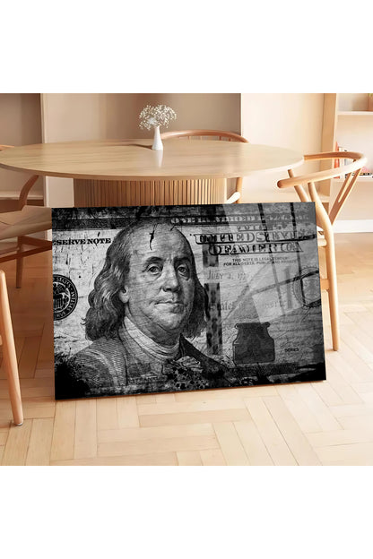 100 Dolar Detaylı Sanatsal Cam Tablo – Benjamin Franklin Tasarımı