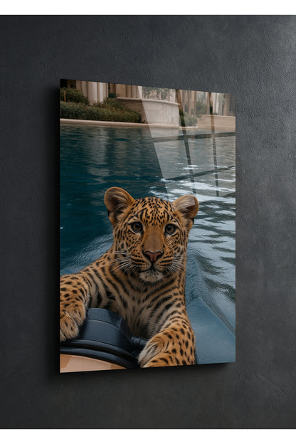 Su Kenarında Leopar Figürlü Cam Tablo - Şık ve Farklı Dekorasyon Ürünü
