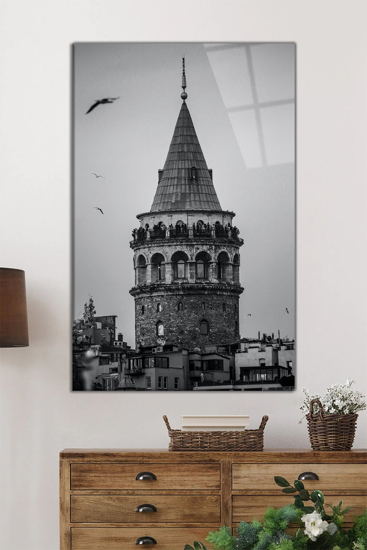 Siyah Beyaz Galata Kulesi Dikey Cam Tablo, Ev Ofis Duvar Dekoru, Lüks Hediyelik, Kırılmaz Çizilmez