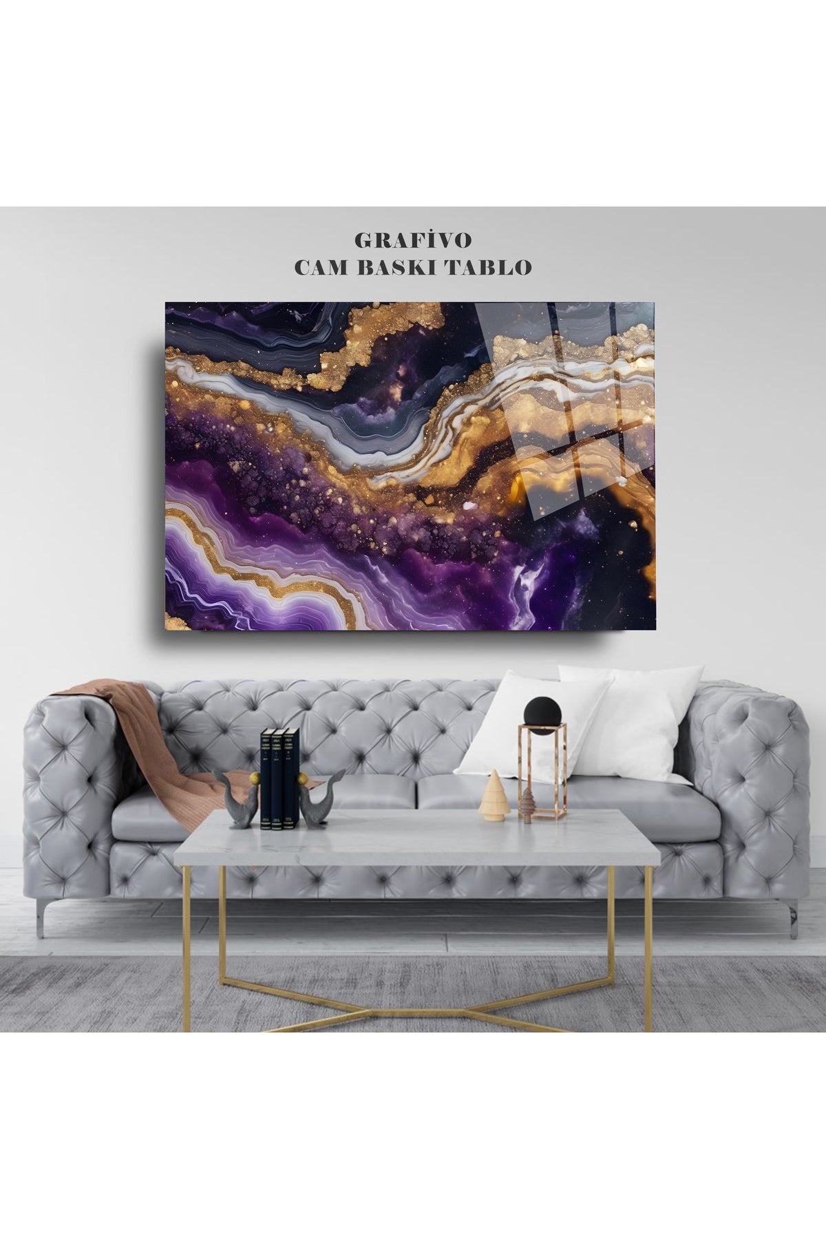 Mor Siyah Altın Mermer Desenli Cam Tablo – Modern Soyut Lüks Ev Duvar Dekoratif Sanat