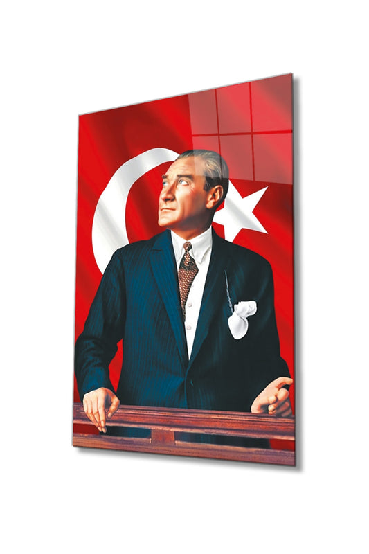 Mustafa Kemal Atatürk Türk Bayrağı Cam Tablo, Ev, Ofis ve Okul Duvar Dekoru, Hediyelik, Temperli Cam