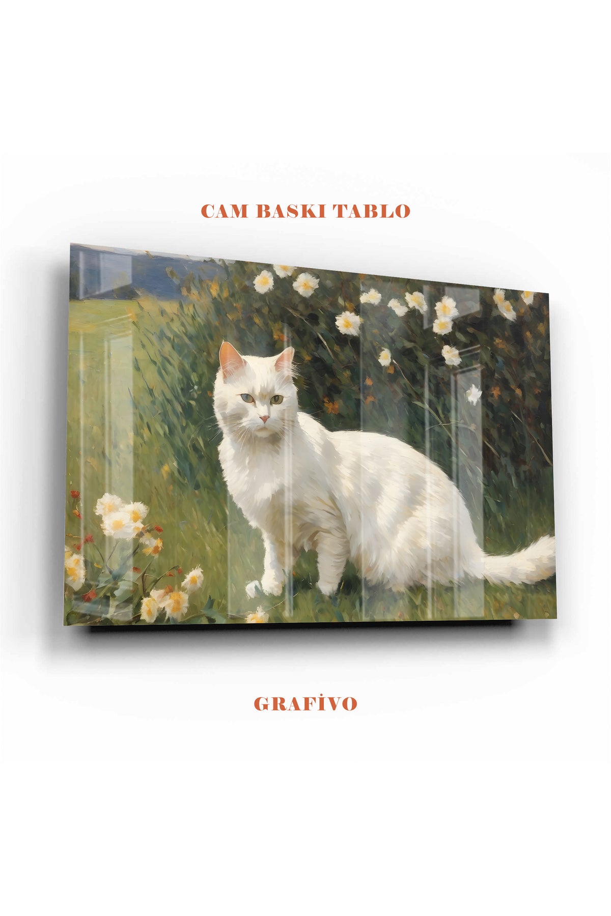 Dekoratif Cam Tablo – Çiçek Bahçesinde Beyaz Kedi Tasarımı