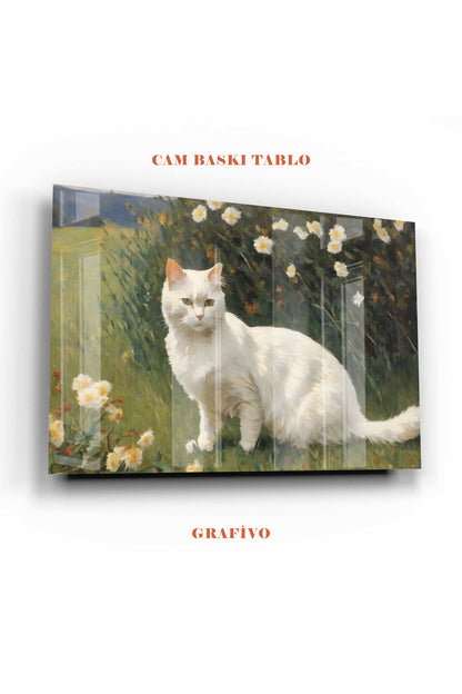 Dekoratif Cam Tablo – Çiçek Bahçesinde Beyaz Kedi Tasarımı