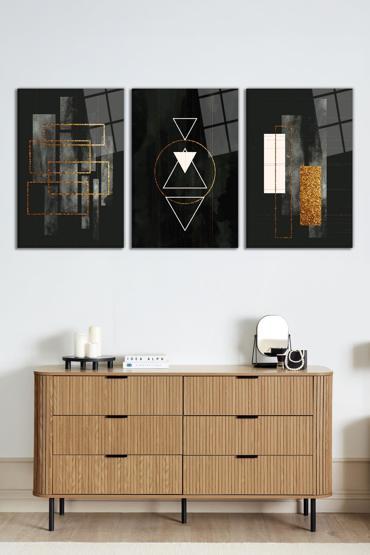 Modern Geometrik Çizgiler 3 Parça Set Cam Tablo, Ev ve Ofis Duvar Dekoru, Lüks Hediyelik
