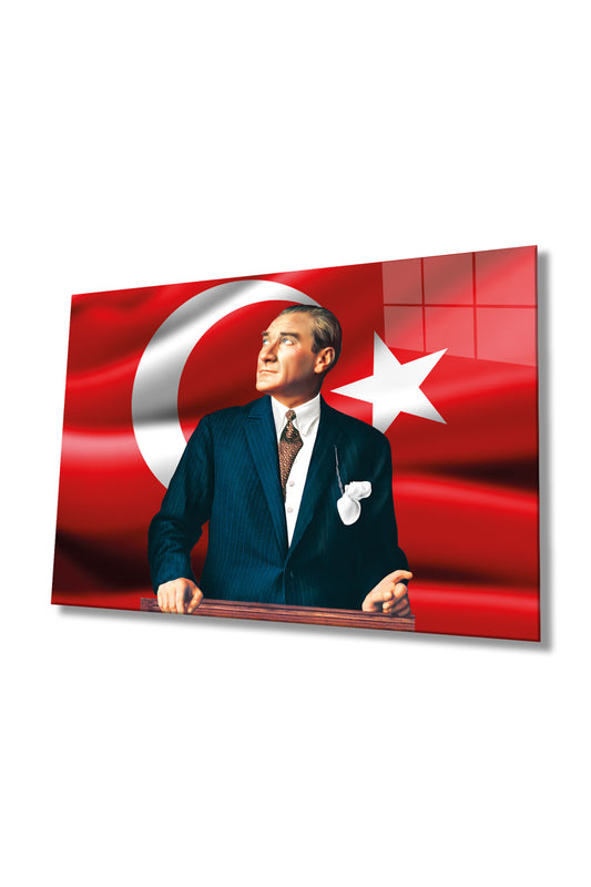 Mustafa Kemal Atatürk Türk Bayrağı Cam Tablo, Ev, Ofis ve Okul Duvar Dekoru, Hediyelik, Temperli Cam