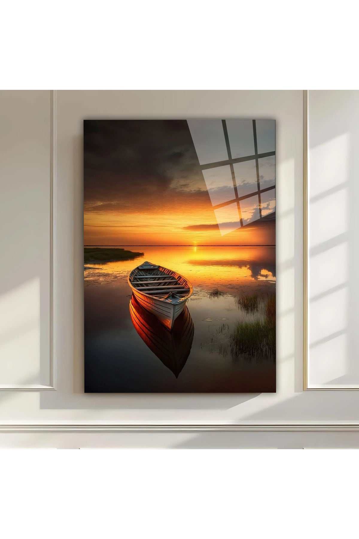 Premium Sakinlik ve Huzur Cam Tablo – Gün Batımı ve Küçük Tekne