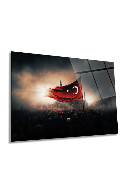Türk Bayrağı ve Savaş Zaferi Yatay Cam Tablo, Türkiye Bayrak, Ev Ofis Duvar Dekoru, Lüks Hediyelik