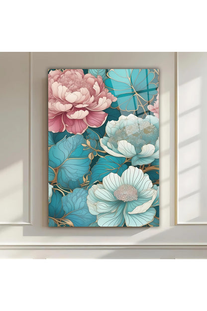 Pastel Pembe & Turkuaz Çiçek Deseni – Cam Tablo