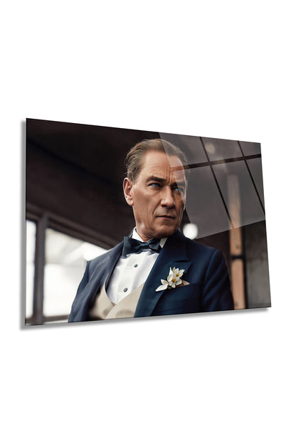 Yapay Zeka Asil Atatürk Yatay Cam Tablo, Takım Elbiseli Mustafa Kemal ATA, Ofis Dekoru, Hediyelik