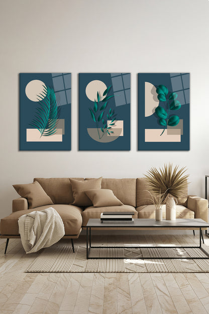 Soyut Modern Geometrik Yapraklar 3 Parça Set Cam Tablo, Ev ve Ofis Duvar Dekoru, Lüks Hediyelik