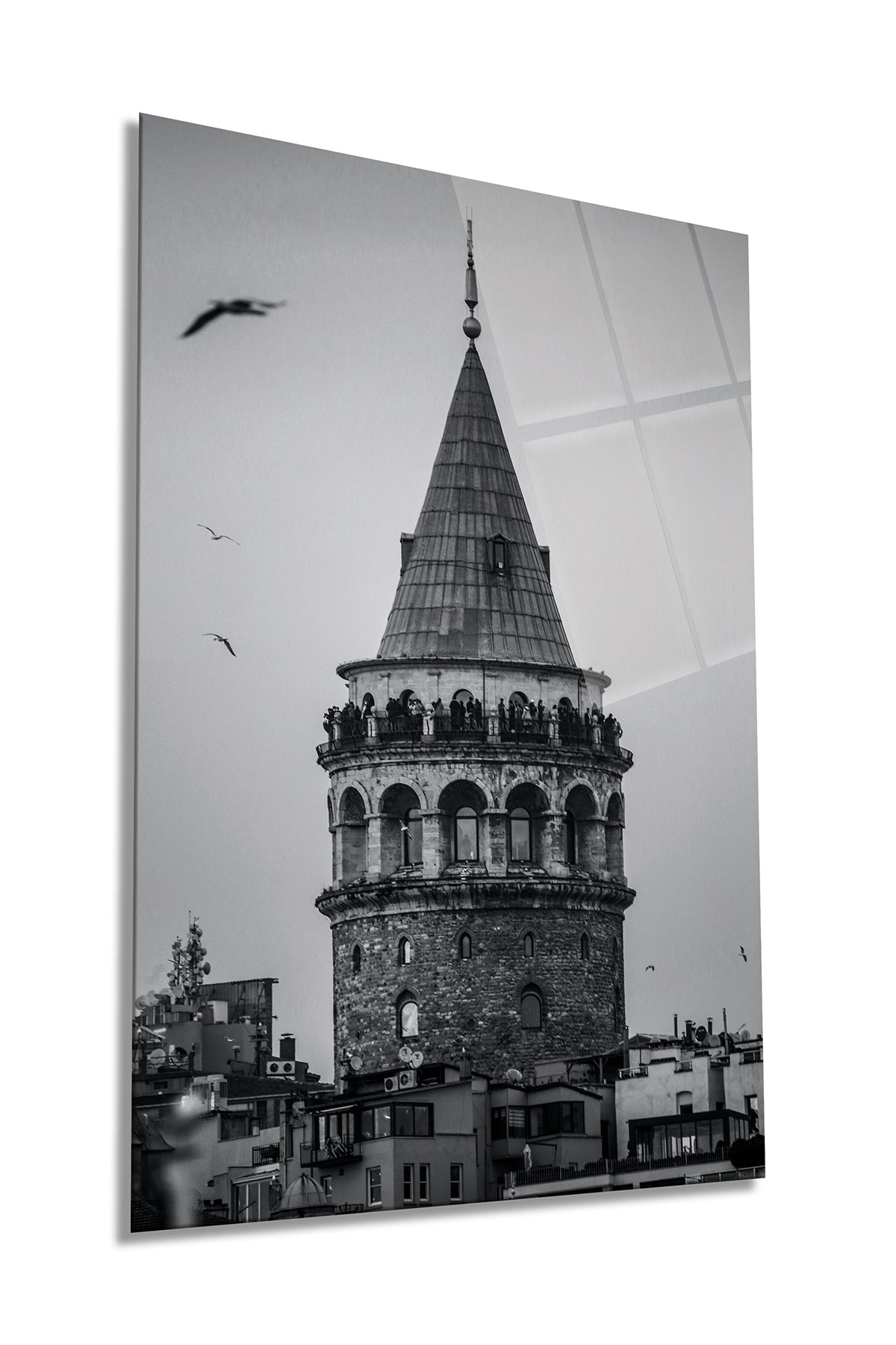 Siyah Beyaz Galata Kulesi Dikey Cam Tablo, Ev Ofis Duvar Dekoru, Lüks Hediyelik, Kırılmaz Çizilmez