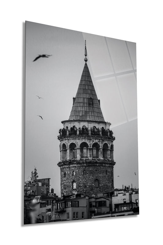Siyah Beyaz Galata Kulesi Dikey Cam Tablo, Ev Ofis Duvar Dekoru, Lüks Hediyelik, Kırılmaz Çizilmez