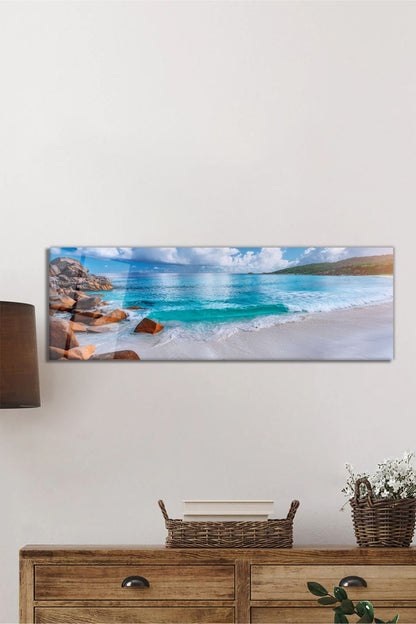 Dinlendirici Deniz ve Sahil Panoramik Cam Tablo, Modern Şık Ev Ofis Duvar Dekoru, Hediyelik Temperli