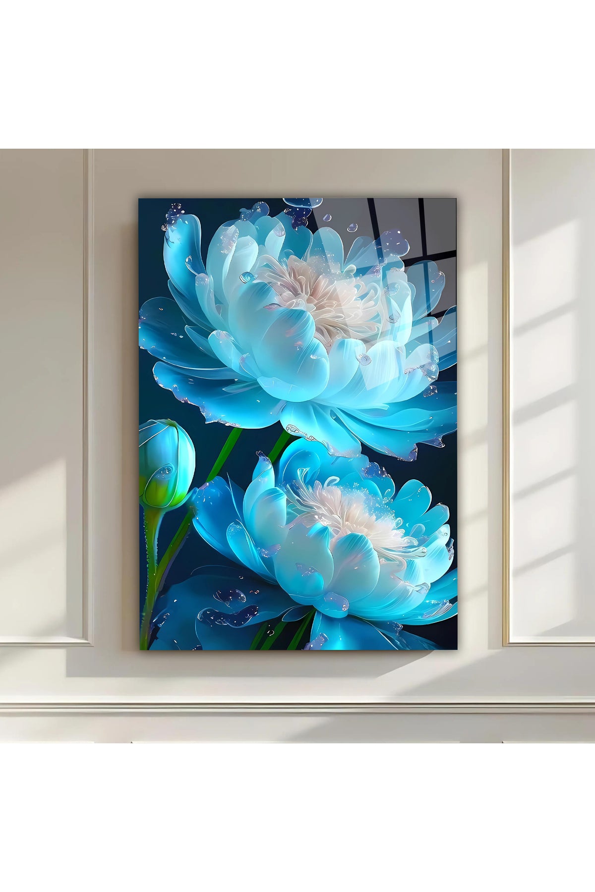 Aqua Blossom – Modern Çiçek Tasarımlı Cam Tablo