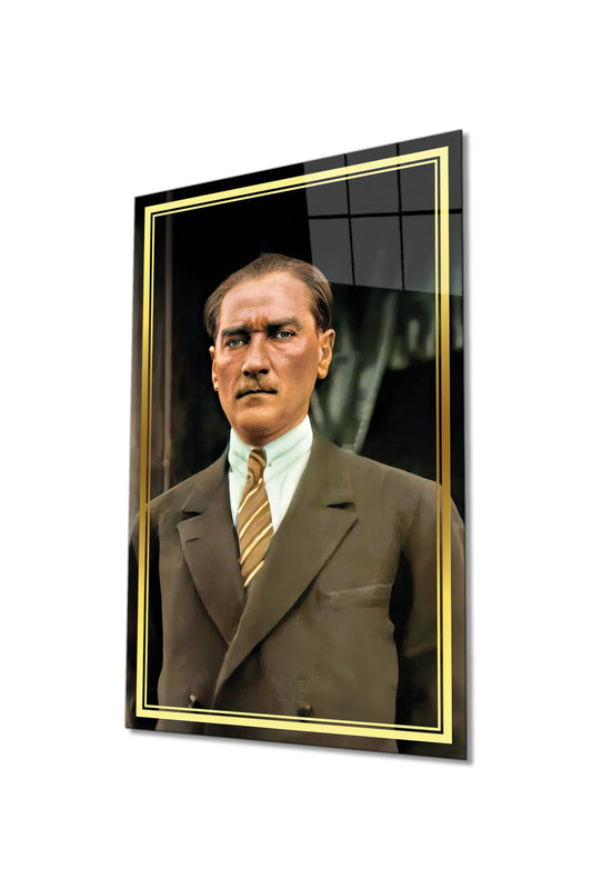 Gold Şeritli Mustafa Kemal Atatürk Portresi Cam Tablo, Ev Ofis Okul Duvar Dekoru Hediyelik Temperli