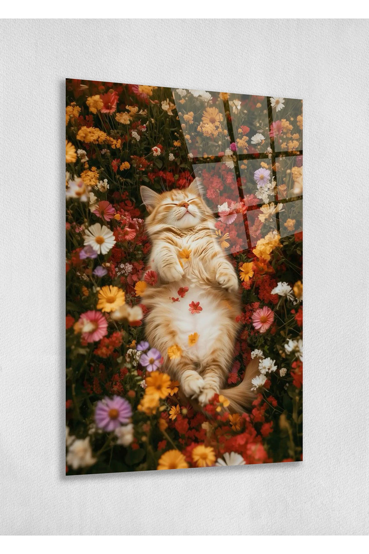Çiçek Bahçesinde Uyuyan Sevimli Kedi UV Cam Tablo ile Evinize Neşe ve Sıcaklık Getirin