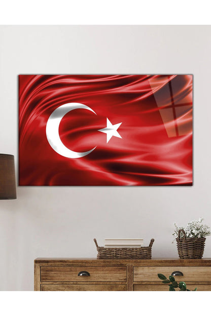 Dalgalanan Kırmızı Türk Bayrağı Cam Tablo, Ev Ofis Duvar Dekoru, Hediyelik, Kırılmaz Temperli Cam