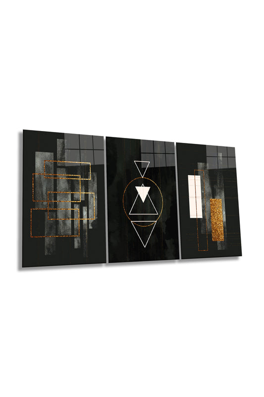 Modern Geometrik Çizgiler 3 Parça Set Cam Tablo, Ev ve Ofis Duvar Dekoru, Lüks Hediyelik