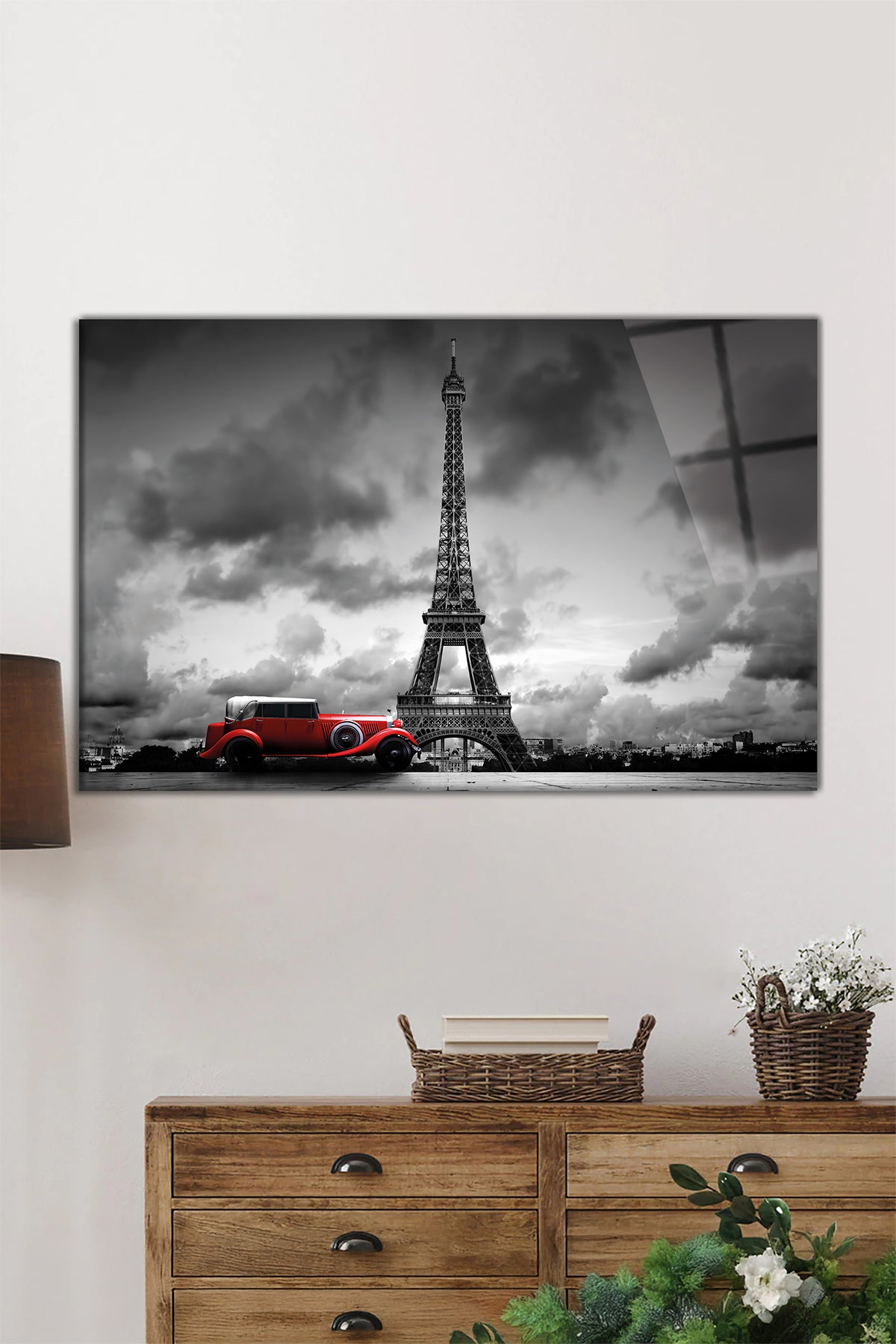 Paris Eiffel Kulesi Kırmızı Araba Yatay Cam Tablo, Manzara, Ev ve Ofis Duvar Dekoru, Lüks Hediyelik