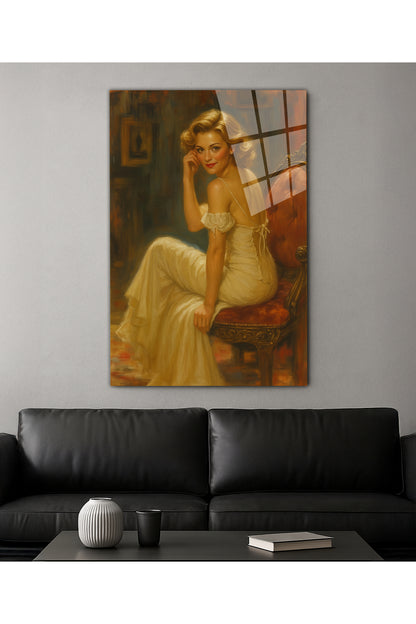 Vintage Tarzı Kadın Figürü Cam Tablo - Premium Sanatsal Modern Duvar Dekoru
