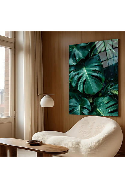 Premium Tropikal Bitki Cam Tablo – Monstera ve Palm Yaprakları