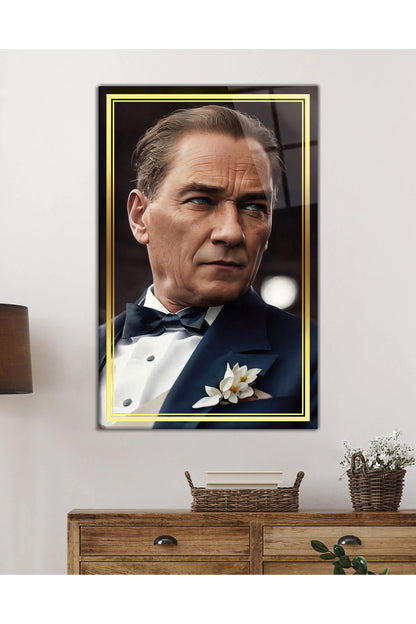 Gold Şeritli Yapay Zeka Atatürk Portresi Cam Tablo, Mustafa Kemal, Ev Ofis Okul Duvar Dekor Temperli