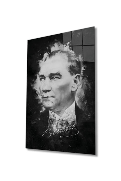 İmzalı Mustafa Kemal Atatürk Portresi Cam Tablo, Siyah Beyaz, Ev Ofis Okul Duvar Dekoru, Hediyelik