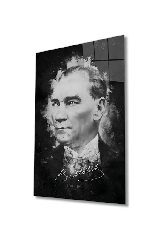 İmzalı Mustafa Kemal Atatürk Portresi Cam Tablo, Siyah Beyaz, Ev Ofis Okul Duvar Dekoru, Hediyelik