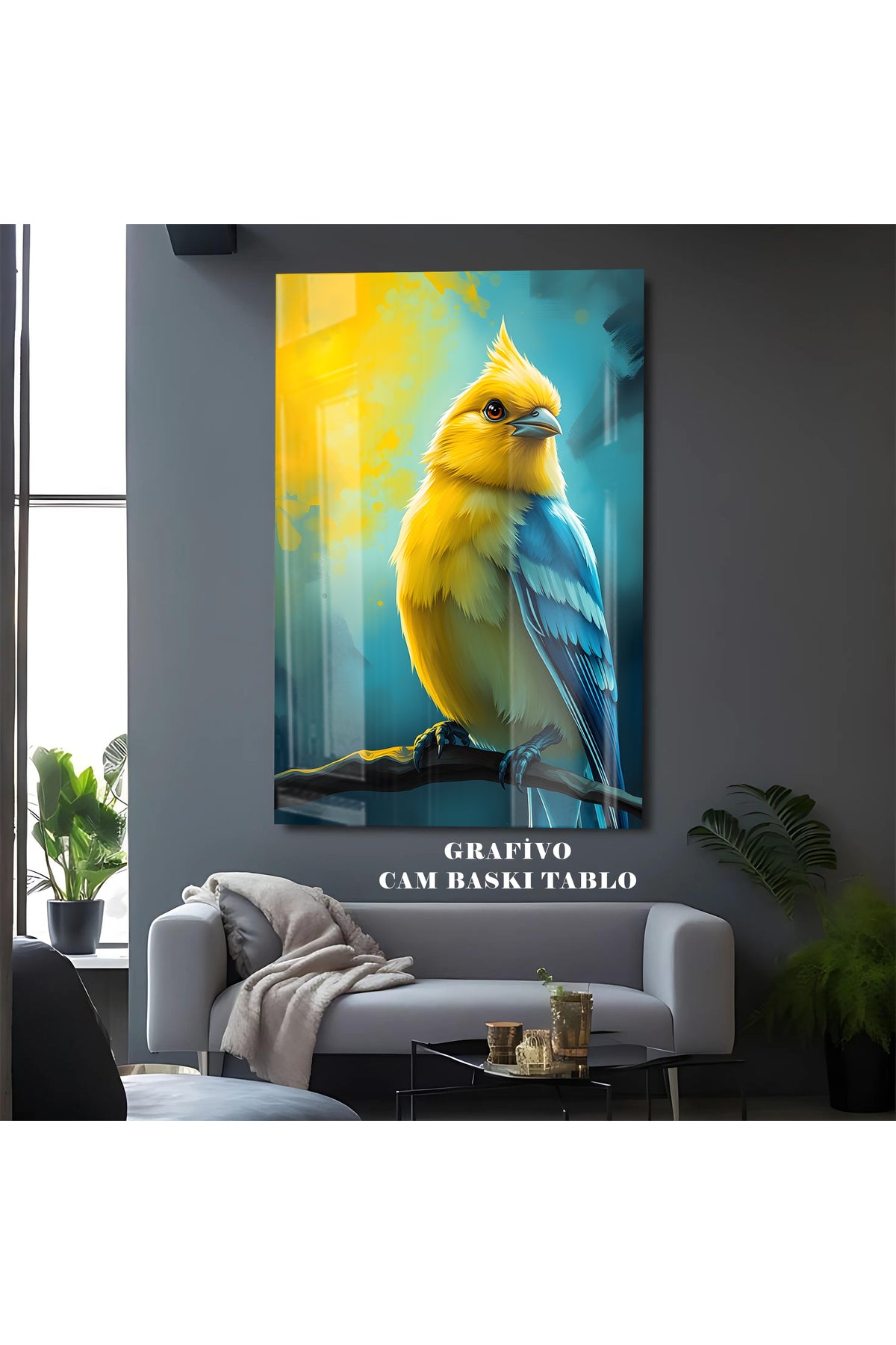 Sarı Lacivert Kanarya Cam Tablo – Taraftar Ruhunu Yansıtan Modern Premium Dekoratif Duvar Sanatı