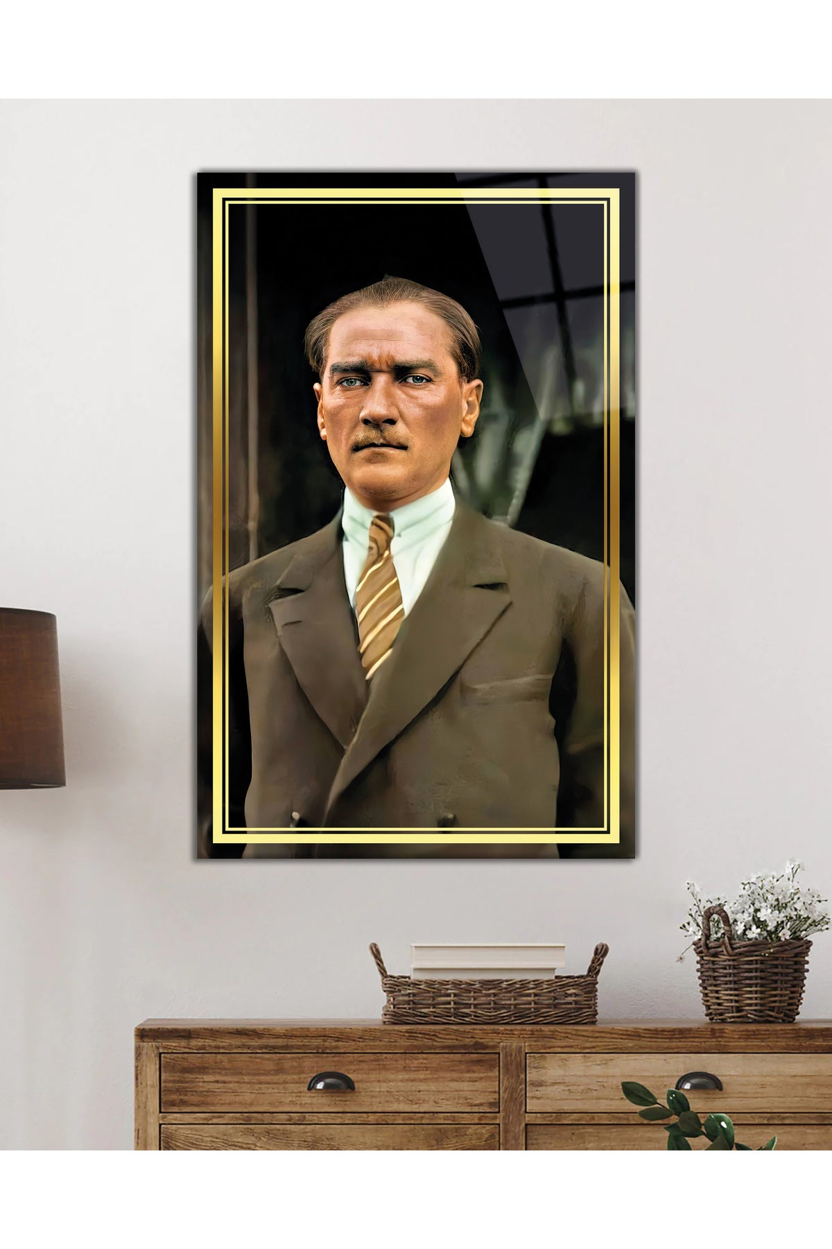 Gold Şeritli Mustafa Kemal Atatürk Portresi Cam Tablo, Ev Ofis Okul Duvar Dekoru Hediyelik Temperli