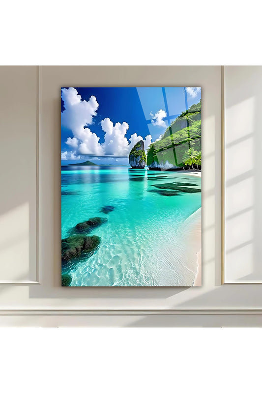 Premium Egzotik Plaj Manzarası Cam Tablo – Masmavi Deniz ve Beyaz Kumlar