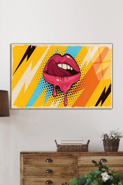 Pop Art Retro Kadın Dudağı Yatay Cam Tablo, Modern, Ev ve Ofis Duvar Dekoru, Lüks Hediyelik
