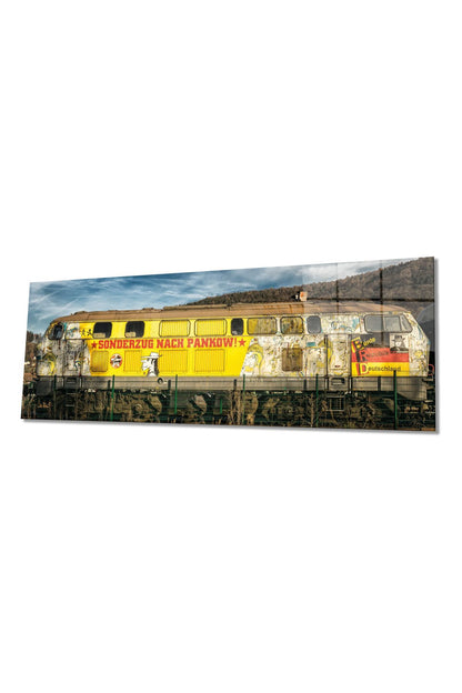 Eski Retro Tren Panoramik Cam Tablo, Modern ve Şık Ev Ofis Duvar Dekoru, Hediyelik Temperli Cam