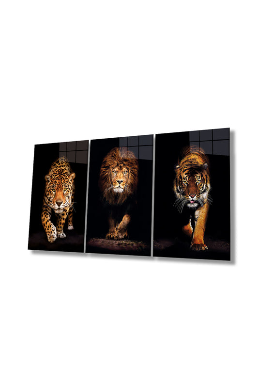 Jaguar, Aslan ve Kaplan 3 Parça Set Cam Tablo, Vahşi Hayvan Portresi, Hediyelik Ev Ofis Duvar Dekoru