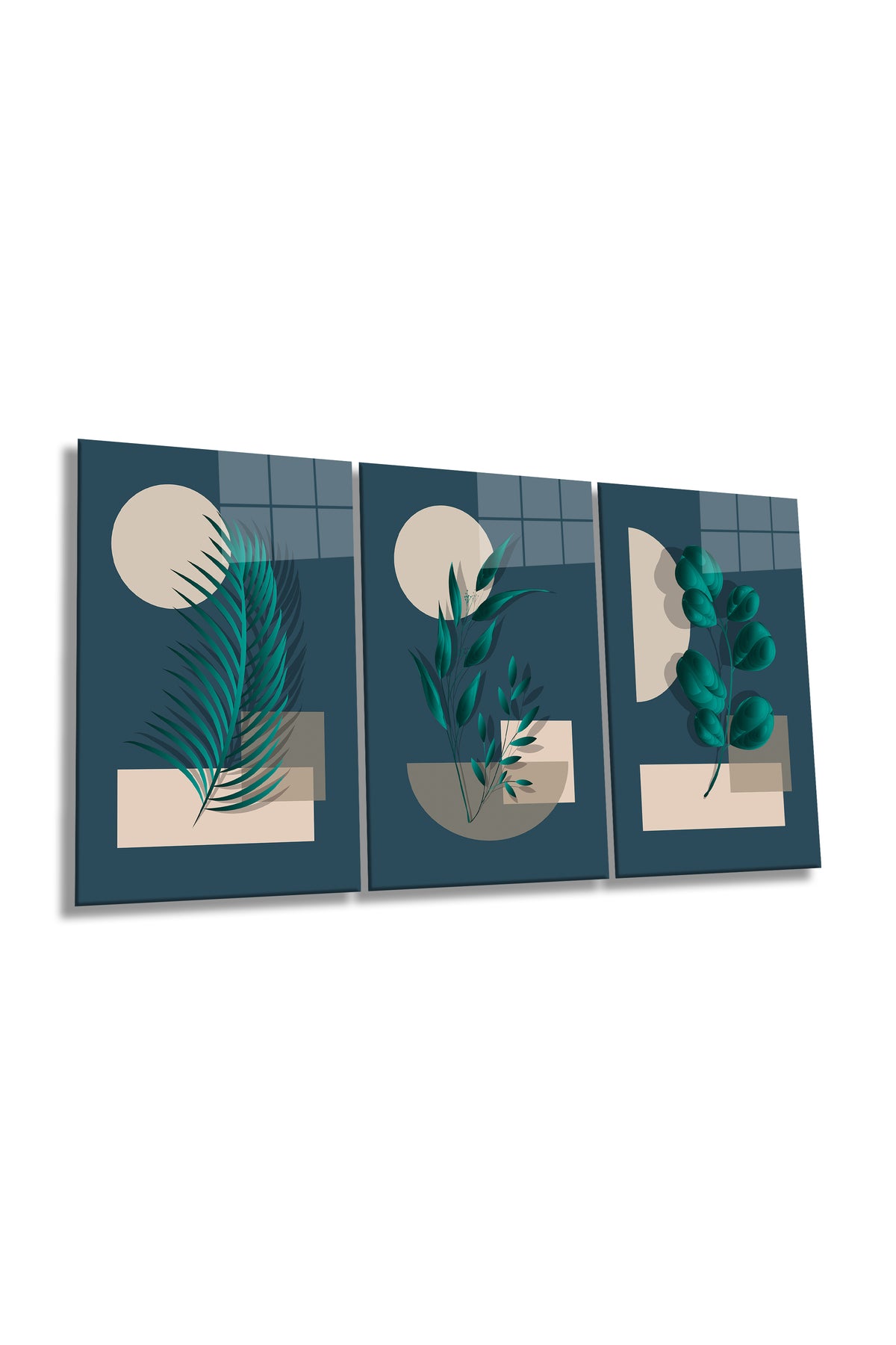 Soyut Modern Geometrik Yapraklar 3 Parça Set Cam Tablo, Ev ve Ofis Duvar Dekoru, Lüks Hediyelik