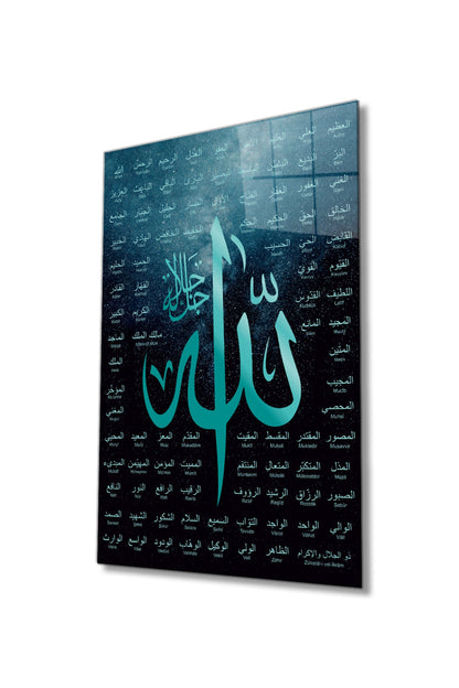 Esma'ül Hüsna Allah'ın İsimleri Sıfatları Cam Tablo, Dini İslami Ayet Ev Ofis Duvar Dekoru Hediyelik