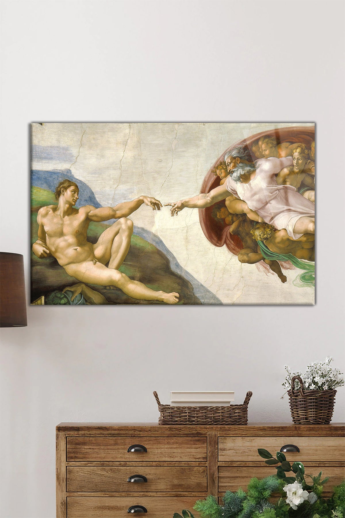 Michelangelo Adem'in Yaratılışı Yatay Cam Tablo, Klasik, Ev ve Ofis Duvar Dekoru, Lüks Hediyelik