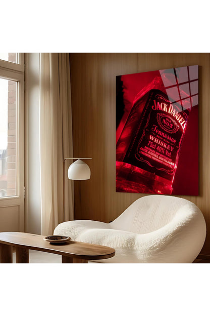 Whiskey Şişesi Cam Tablo – Jack Daniel Kırmızı Işık Detaylı Tasarım