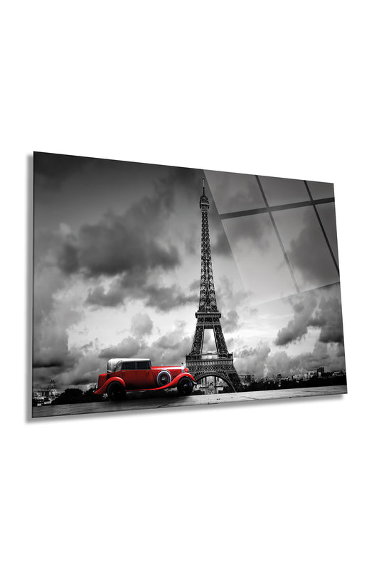 Paris Eiffel Kulesi Kırmızı Araba Yatay Cam Tablo, Manzara, Ev ve Ofis Duvar Dekoru, Lüks Hediyelik