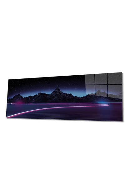 Retrowave Synthwave Dağlar Panoramik Cam Tablo, Modern Şık Ev Ofis Duvar Dekoru, Hediyelik Temperli