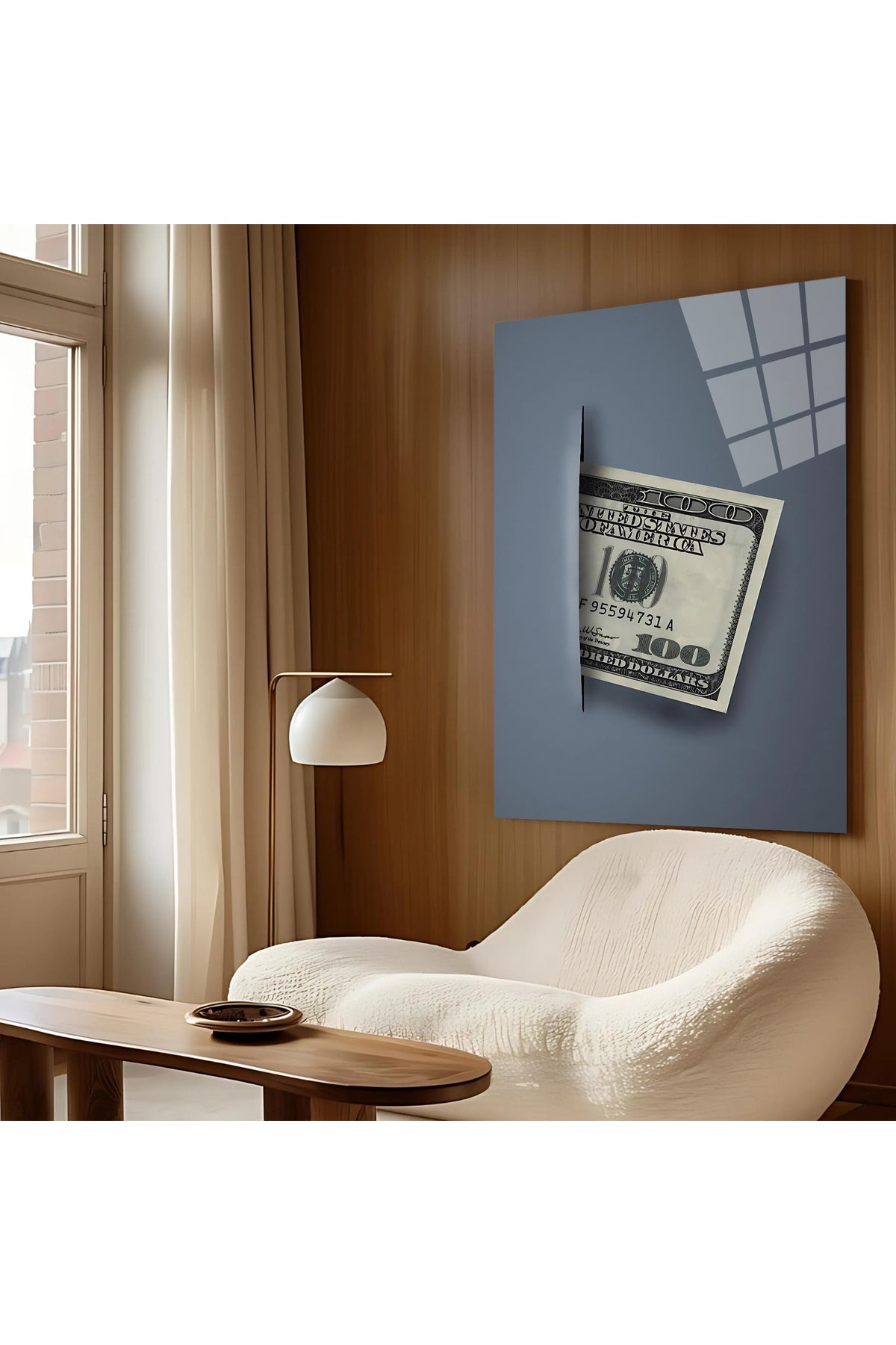 100 Dolar Tasarımlı Cam Tablo – ABD Doları Temalı Modern Dekoratif Duvar Sanatı