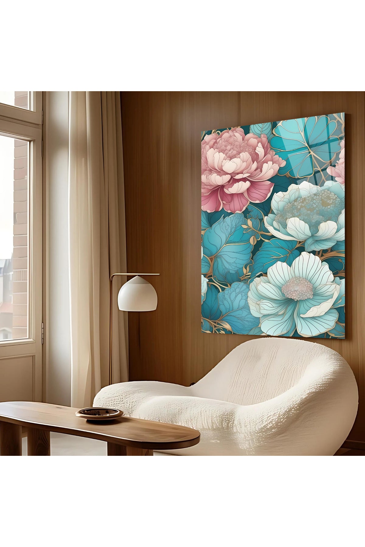 Pastel Pembe & Turkuaz Çiçek Deseni – Cam Tablo