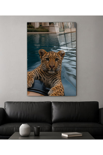 Su Kenarında Leopar Figürlü Cam Tablo - Şık ve Farklı Dekorasyon Ürünü