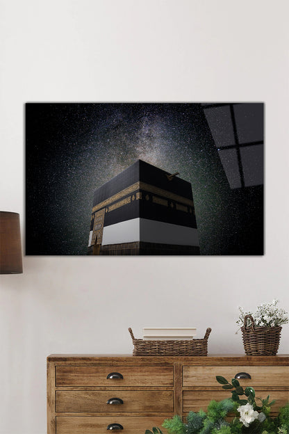 Kabe ve Evren Uzay Manzarası Yatay Cam Tablo, İslami, Ev ve Ofis Duvar Dekoru, Lüks Hediyelik