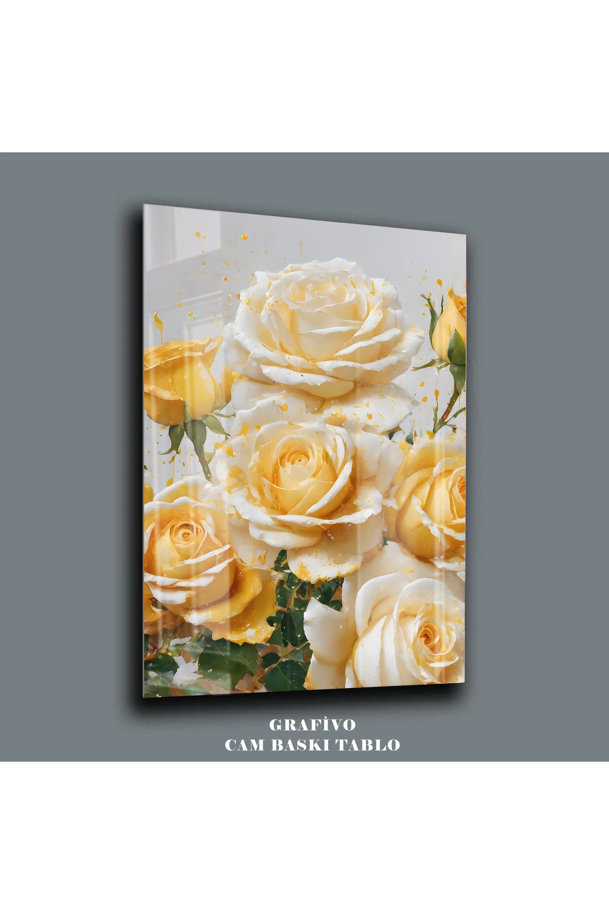 Çiçek Desenli Cam Tablo – Altın Renkli Güller ile Zarif Duvar Dekoru