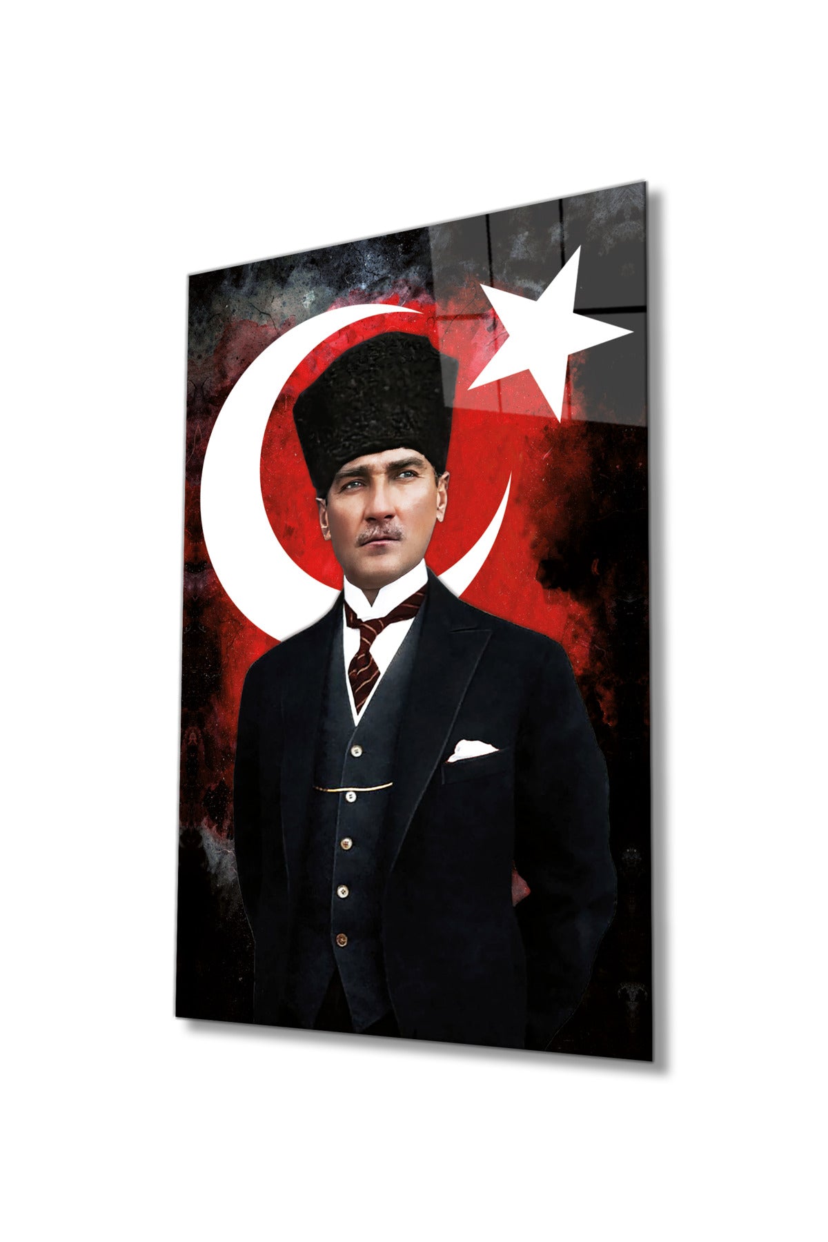 Türk Bayrağı ve Mustafa Kemal Atatürk Portresi Cam Tablo, Ev Ofis Okul Duvar Dekoru, Hediyelik